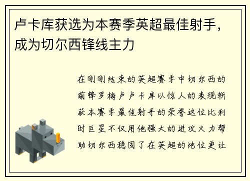 卢卡库获选为本赛季英超最佳射手，成为切尔西锋线主力